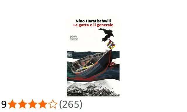Copertina del libro "La gatta e il generale" di Nino Haratischwili. Una barca in mare, un corvo con un cubo di Rubik.