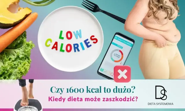 Talerz z napisami "LOW CALORIES", telefon z aplikacją do liczenia kalorii, warzywa i sylwetka kobiety.