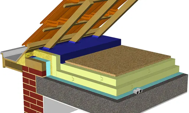 Coupe d'un toit montrant la structure, les tuiles, et l'isolation du plancher grenier avec plusieurs couches isolantes.
