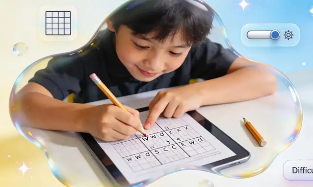 Bambino concentrato mentre cerca di crea crucipuzzle online su un tablet.