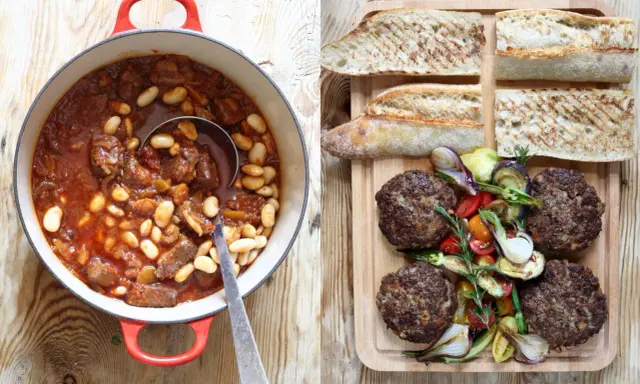 Vildsvinsgryta med bönor i röd sås och grillade biffar med grönsaker och bröd. Ett härligt recept vildsvin för middagen.