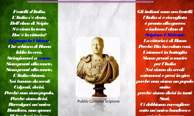 Parafrasi dell'Inno di Mameli: l'Italia, come nell'antica Roma con Scipione, si risveglia unita e pronta.