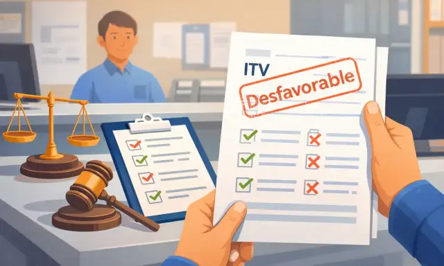 Man holds a document with a stamped "ITV Desfavorable". Scales of justice and a gavel suggest a legal or regulatory issue.