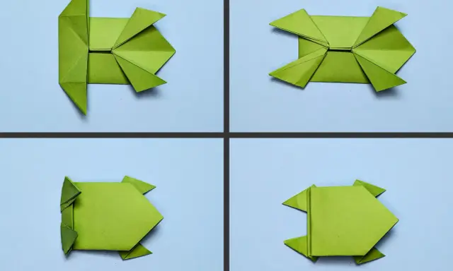 Schritt-für-Schritt-Anleitung für einen Frosch zum Falten. Ideal für Kindergartenkinder, um Origami zu lernen.