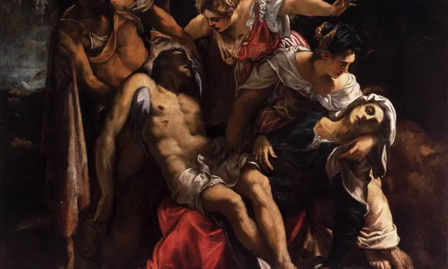 Des œuvres d'art du Tintoret : la descente de croix, avec le Christ mort soutenu par des femmes et des hommes.