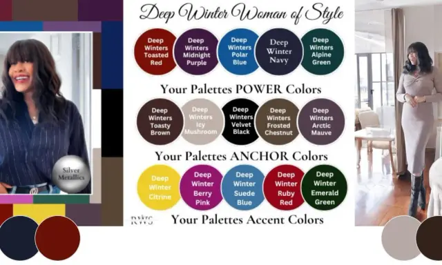 A "Deep Winter Woman of Style" collage showcasing a deep winter color palette with various shades like Toasted Red, Midnight Purple, and Alpine Green.