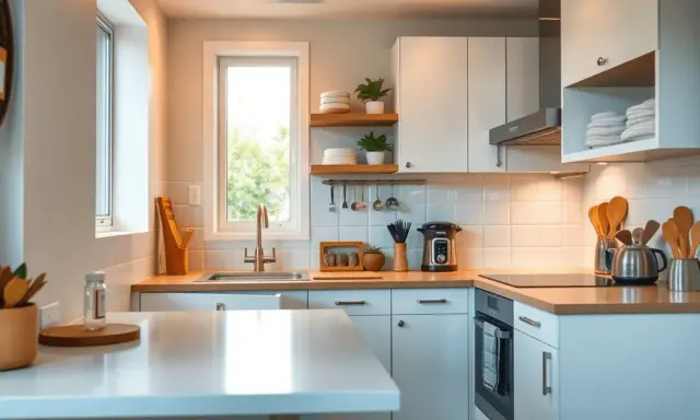Aménagement petite cuisine 4m2 : évier, plaque cuisson, four, rangements blancs et étagères en bois. Lumineux et fonctionnel.
