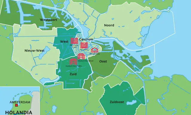 Mapa Amsterdamu z zaznaczonymi dzielnicami: Centrum, West, Noord, Oost, Zuid, Zuidoost, Westpoort, Nieuw-West. Idealny amsterdam przewodnik.