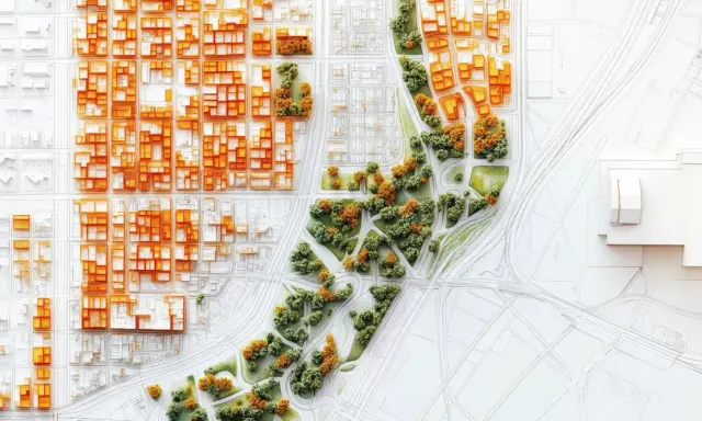 Model miasta z pomarańczowymi budynkami i zielonymi terenami. Widoczny plan ogólny z drogami i ścieżkami.