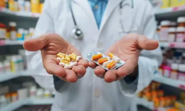 Farmaceuta trzyma w dłoniach tabletki i kapsułki w blistrze.
