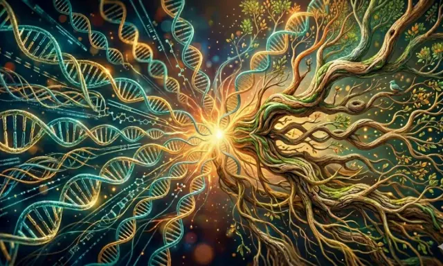 Doppia elica DNA si fonde con albero della vita, un'esplosione di luce simboleggia il cervello borderline, dove scienza e natura si intrecciano.