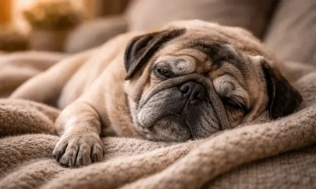 Smutny mops, jak umiera pies chory na serce, odpoczywa na ciepłym kocu.