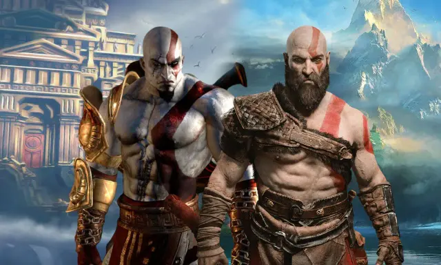 Kratos, bóg wojny, w dwóch odsłonach. Na tle starożytnej budowli i górskiej scenerii.