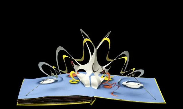 Libri pop-up più belli: un'esplosione di forme astratte bianche, gialle e arancioni su pagine blu.