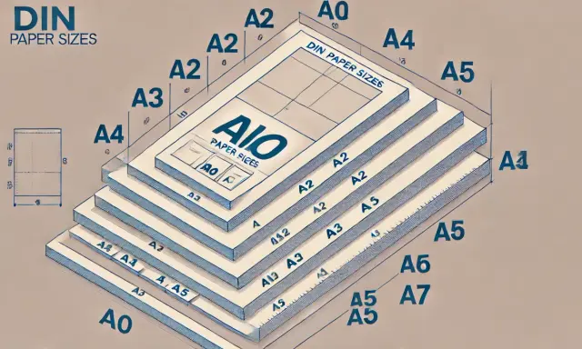 Diagrama de tamaños de papel DIN, apilados en orden descendente. Se muestra una hoja A0 en la parte inferior, con tamaños A1, A2, A3, A4 y A5 apilados encima. Cada hoja tiene su tamaño etiquetado. La medida cuartilla se relaciona con el tamaño A4.