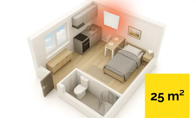 Jaki grzejnik elektryczny do pokoju 25m²? Wnętrze kawalerki z łóżkiem, aneksem kuchennym i łazienką, ogrzewane nowoczesnym panelem.
