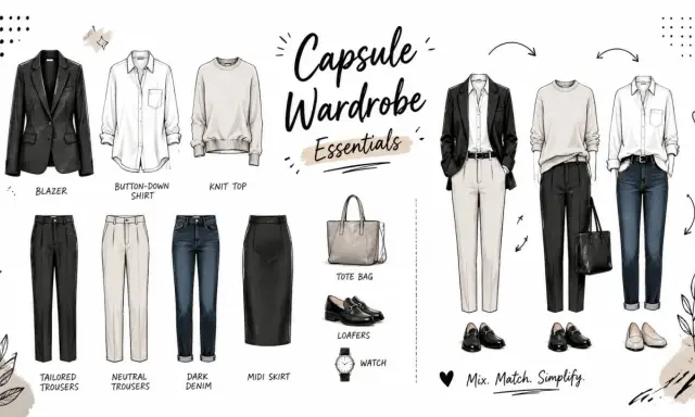 A capsule wardrobe features a blazer, button-down shirt (a type of blouse), knit top, trousers, denim, skirt, tote, loafers, and watch.