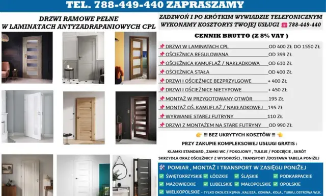 Katalog drzwi i ościeżnic, w tym maskownica futryny metalowej. Oferta obejmuje montaż i transport.
