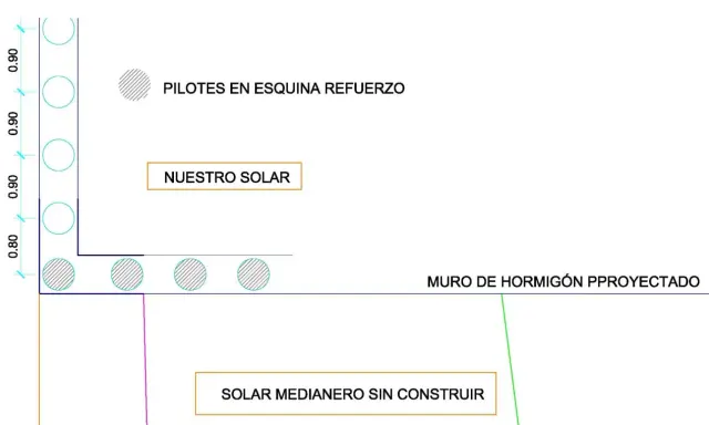 Plano de detalle muro pantalla con pilotes en esquina y muro de hormigón proyectado.