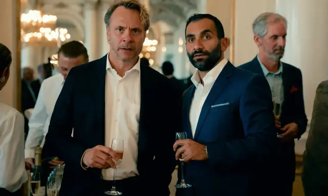Två män i kostym håller glas med champagne. Bakom dem syns en festlig miljö med ljuskronor. Kanske en scen från "hundarna" på SVT.