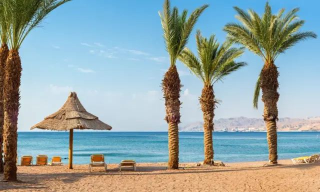 Spiaggia con palme, lettini e ombrellone di paglia. Ideale per un viaggio in Giordania, consigli per relax sul Mar Rosso.