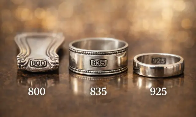 Tre anelli in argento, con punzoni 800, 835 e 925. Il 925 è il più puro, simile all'oro.