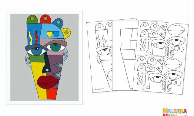 Maschere di carnevale d'autore da colorare: un volto astratto colorato e fogli con elementi da ritagliare per creare le tue maschere uniche.