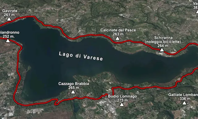 Percorso ciclabile attorno al **lago di Varese**, con indicazioni per Bardello, Gavirate, Biandronno, Calcinate del Pesce, Schiranna, Cazzago Brabbia, Bodio Lomnago e Galliate Lombardo.