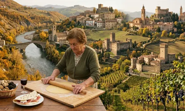 Nonna prepara la pasta con vista sui 5 borghi più belli dell'Emilia Romagna, tra castelli e vigneti autunnali.