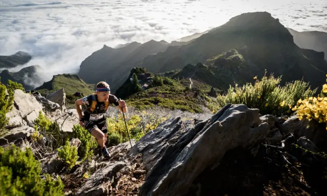Läufer kämpft sich auf Madeira bergauf, vorbei an Felsen und gelben Ginsterbüschen, mit Wolkenmeeren und schroffen Gipfeln im Hintergrund.
