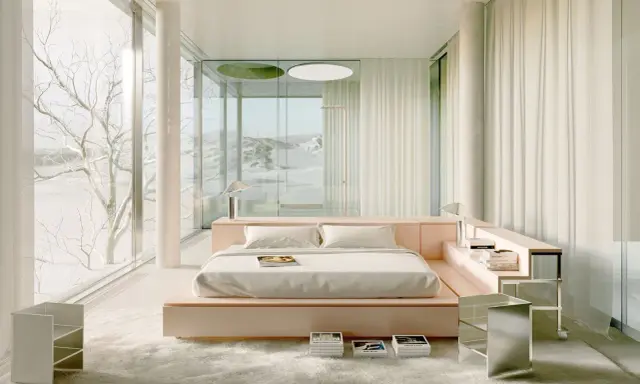 Ein minimalistisches Schlafzimmer mit einem rosafarbenen Bett, inspiriert von Andres Reisinger, und einem atemberaubenden Blick auf eine verschneite Landschaft.