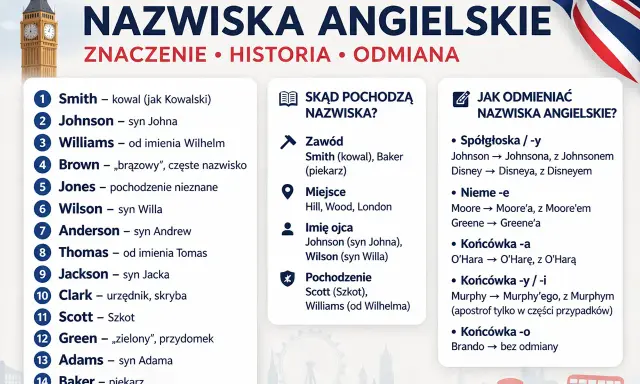 Najpopularniejsze oryginalne angielskie nazwiska: Smith (kowal), Johnson (syn Johna), Williams, Brown, Jones, Wilson, Anderson, Thomas, Jackson, Clark, Scott, Green, Adams, Baker.