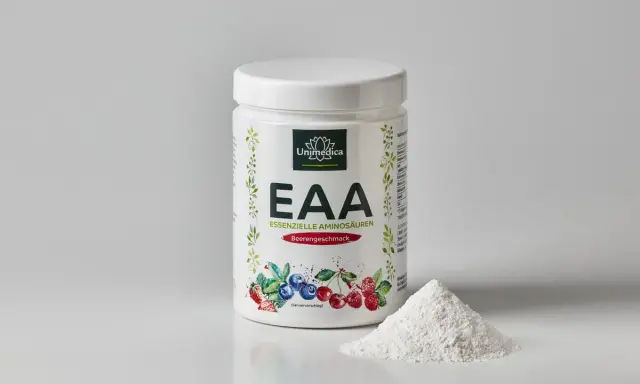 Unimedica EAA Beeren-Geschmack: Pulver für die Muskelregeneration. Die EAA Wirkung unterstützt den Körper optimal.