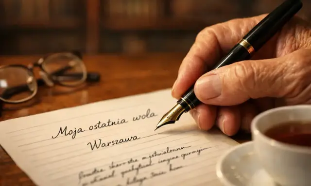 Dłoń pisze piórem na papierze "Moja ostatnia wola, Warszawa". Obok okulary i filiżanka herbaty.