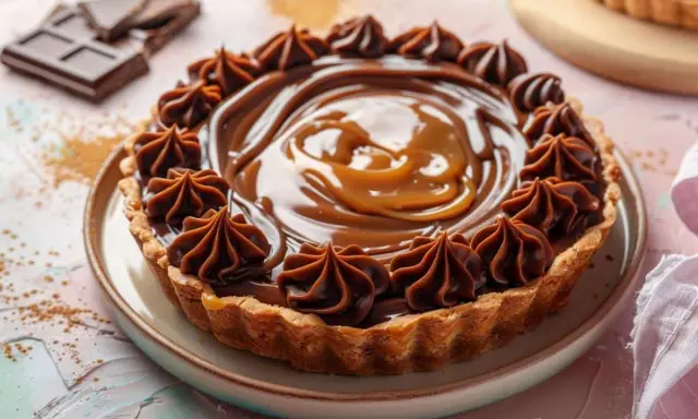 Une délicieuse tarte chocolat légère, garnie de crème onctueuse et de rosettes de chocolat, prête à être dégustée.