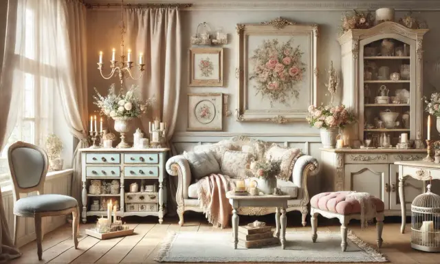 Salotto in stile shabby chic arredamento: divano, comò azzurro, armadio, quadri floreali, candele e tessuti morbidi creano un'atmosfera romantica.