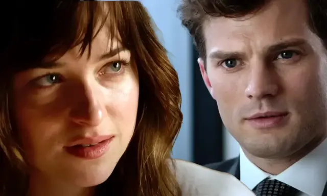 Primo piano di Anastasia Steele e Christian Grey, protagonisti di "50 sfumature di grigio trama", con sguardi intensi.