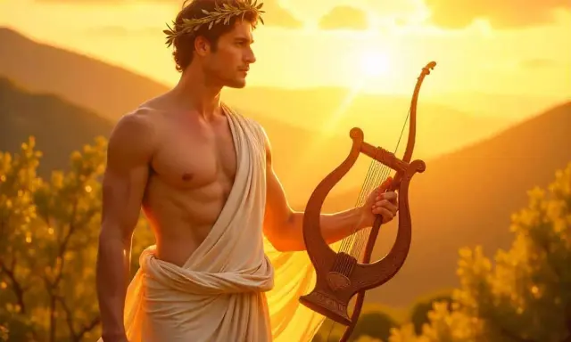Apollon, Gott der Künste, trägt einen Lorbeerkranz und hält eine Lyra. Seine göttlichen Eigenschaften spiegeln sich im warmen Sonnenlicht.