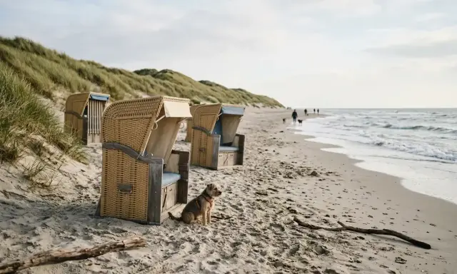 Ein kleiner Hund wartet geduldig am hundestrand nordsee neben Strandkörben. Im Hintergrund spazieren Menschen mit ihren Hunden am Meer.