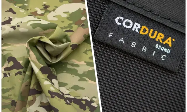 Dwa rodzaje materiału: jeden w kamuflażu, drugi czarny z widocznym logo CORDURA FABRIC.