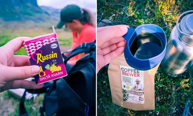 En paus under kungsleden vandring med russin och kaffe.