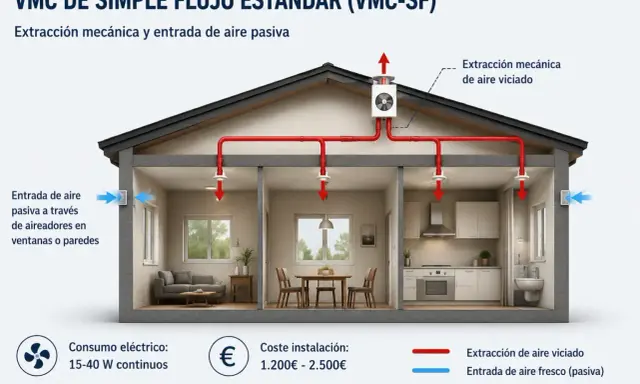 Diagrama de una casa que muestra el funcionamiento de un sistema VMC de simple flujo. El aire viciado se extrae mecánicamente y el aire fresco entra pasivamente.