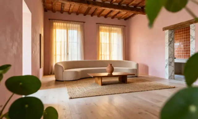 Salon aux murs roses, canapé courbe, table basse en bois et tapis en jute. Une ambiance douce et harmonieuse pour une maison feng shui.