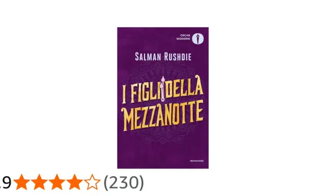 Copertina del libro "I figli della mezzanotte" di Salman Rushdie, con un disegno stilizzato e il titolo in oro.
