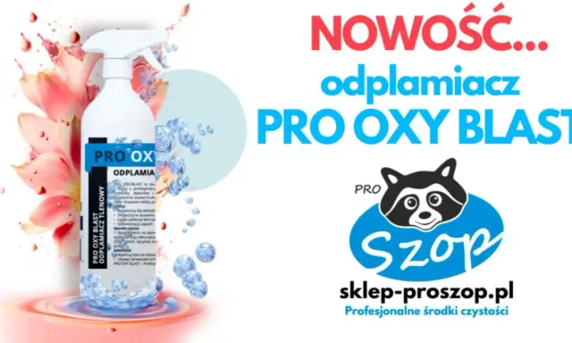 Biała butelka odplamiacza tlenowego PRO OXY BLAST na tle kwiatów i bąbelków.