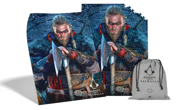 Puzzle z Eivorem z Assassin's Creed Valhalla i worek do przechowywania gier i puzzli.