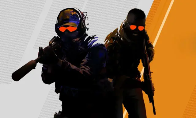 Dwóch żołnierzy z gry Counter-Strike 2, z pomarańczowymi okularami i bronią, gotowych do akcji.