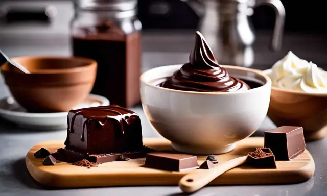 Un carré de chocolat nappé, une ganache onctueuse dans un bol, et de la crème fouettée. Une invitation à la recette ganache chocolat parfaite.