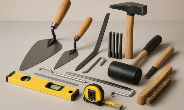 Conjunto de herramientas de albañilería y carpintería, incluyendo paletas, martillo, cinceles, nivel, cinta métrica y cepillo. Estos instrumentos de medición y trabajo son esenciales para cualquier proyecto.