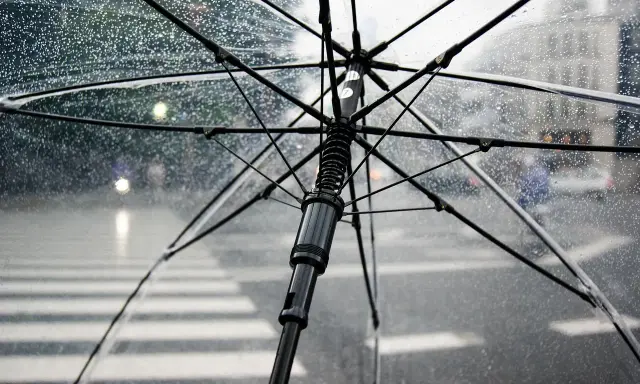 Przezroczysty parasol w deszczu, z widocznym stelażem i kroplami wody. Zastanawiasz się, czy można zabrać parasol do samolotu?